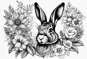 Realistic rabbit head in the middle of realistic flowers and leaves tattoo idea