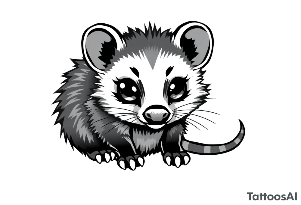 Cute cartoon opossum with anime style eyes, sitting facing forward tattoo idea