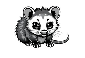 Cute cartoon opossum with anime style eyes, sitting facing forward tattoo idea