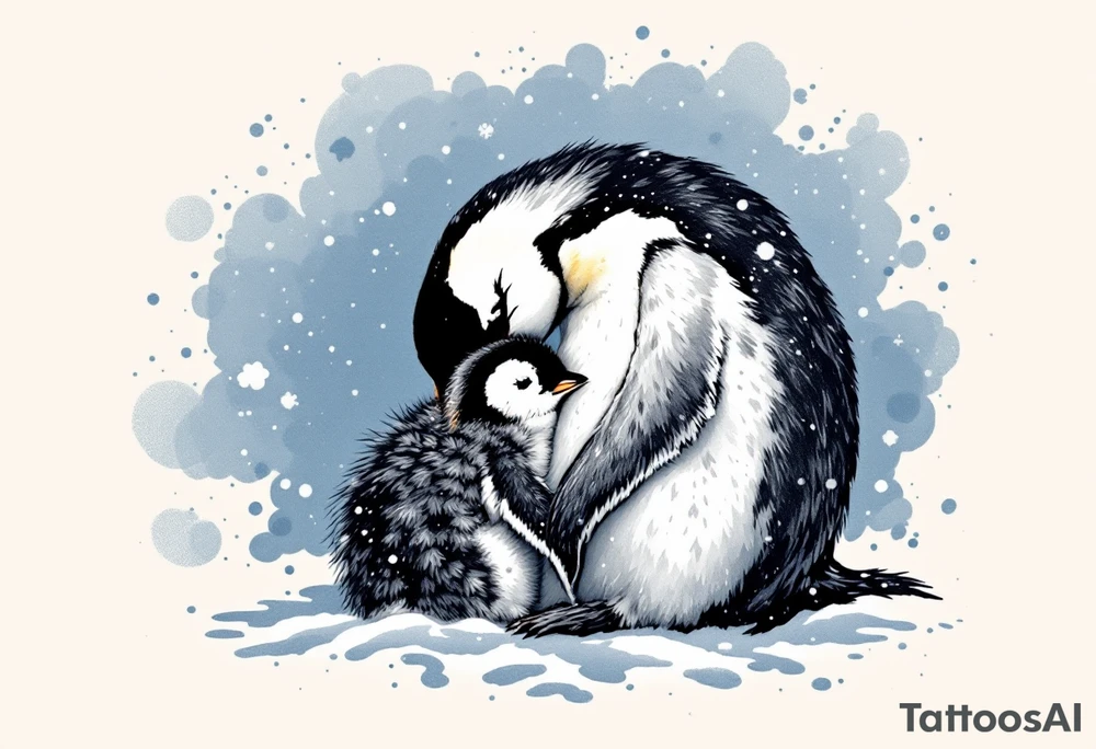 A penguin mother in black and white cuddling her chick in a snowy blue background shows warmth and constant presence. tattoo idea