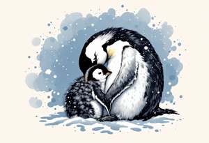 A penguin mother in black and white cuddling her chick in a snowy blue background shows warmth and constant presence. tattoo idea