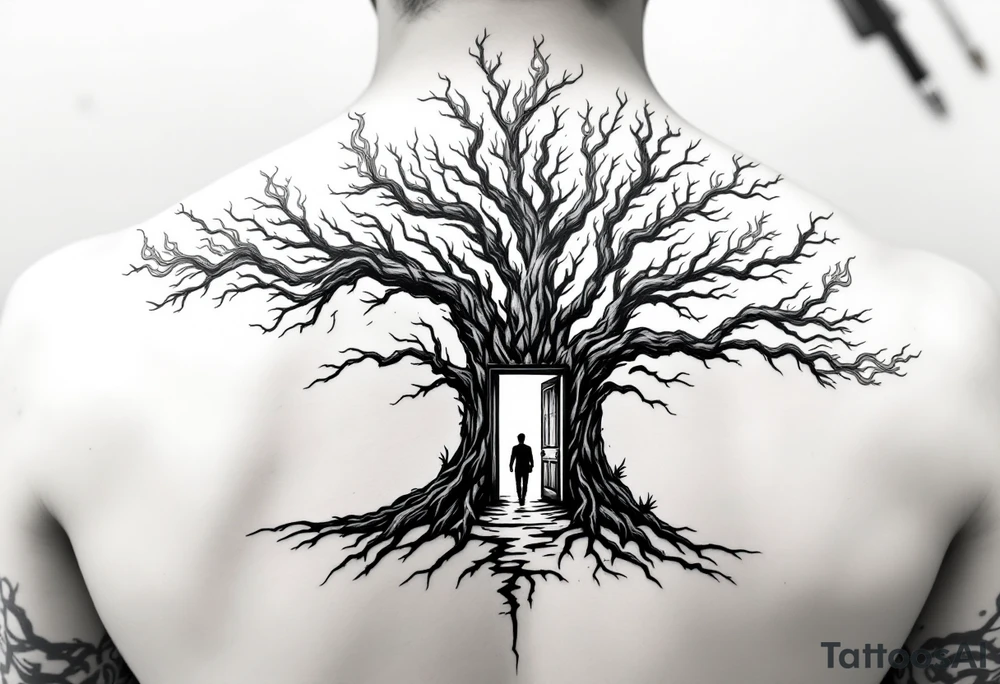 Back tattoo of a big tree with a door and a man walking through the door. On the left draw some fire clouds connecting to the tree, make it a lot tattoo idea