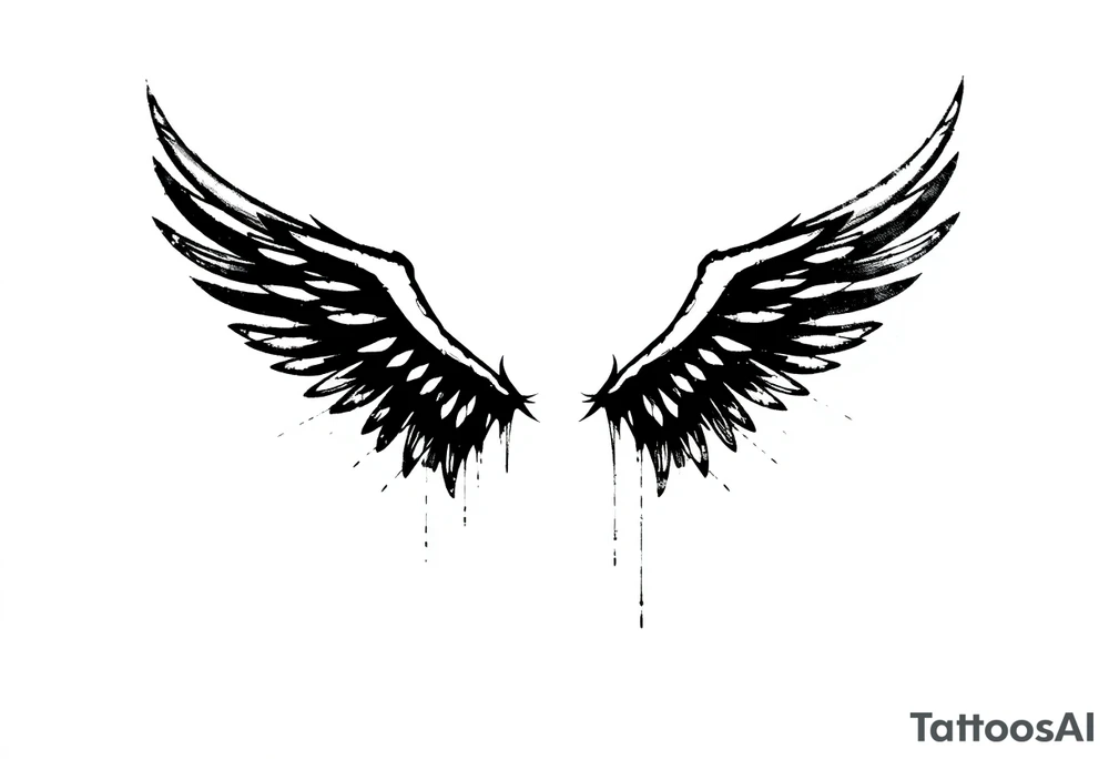 This tattoo design features a pair of asymmetrical angel wings drawn in black ink with a rough, sketch-like style. The left wing is darker, more defined, and appears denser, while the right wing is lighter, more delicate, and fragmented, creating a contrast between the two. The feathers are sharp and irregular, with fine lines and stray strokes extending outward, adding a raw and artistic feel. The overall look is dynamic and slightly chaotic, giving the impression of movement or an unfinished, ethereal form. This design symbolizes duality, freedom, transformation, or even struggle, making it a meaningful and visually striking tattoo. tattoo idea