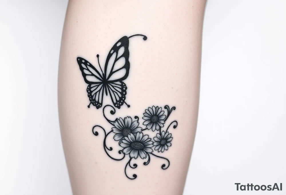 swirl pattern with butterfly and daisy leg tattoo design drawon on leg. i want to sell this in zepeto tattoo idea