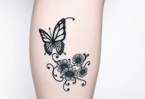 swirl pattern with butterfly and daisy leg tattoo design drawon on leg. i want to sell this in zepeto tattoo idea