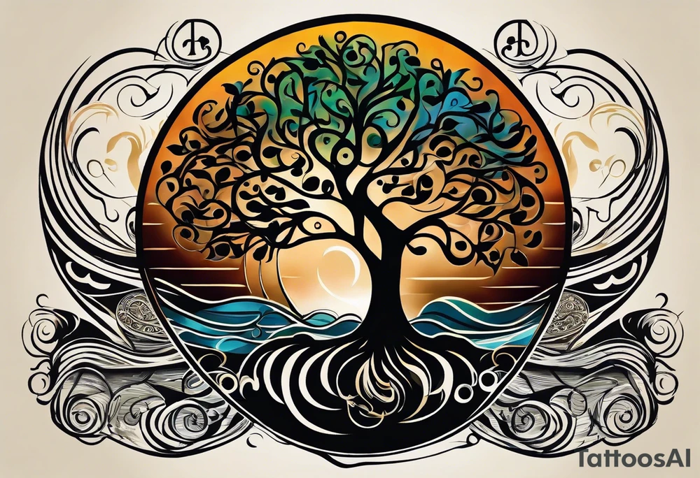 A tattoo design that incorporates the following elements: an abstract tree of life that has roots emerging  from the ground. Waves of water encapsulate the tree and wind around it in an organic way.  Incorporate music.   the letters U and A are overlapping and engraved into the tree. a golf ball incorporated but not prominent. tattoo idea