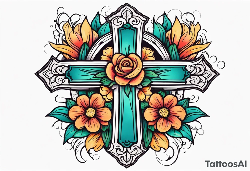 plain cross surrounded 
 with flowers and twisted around cross
 colorful tattoo idea
