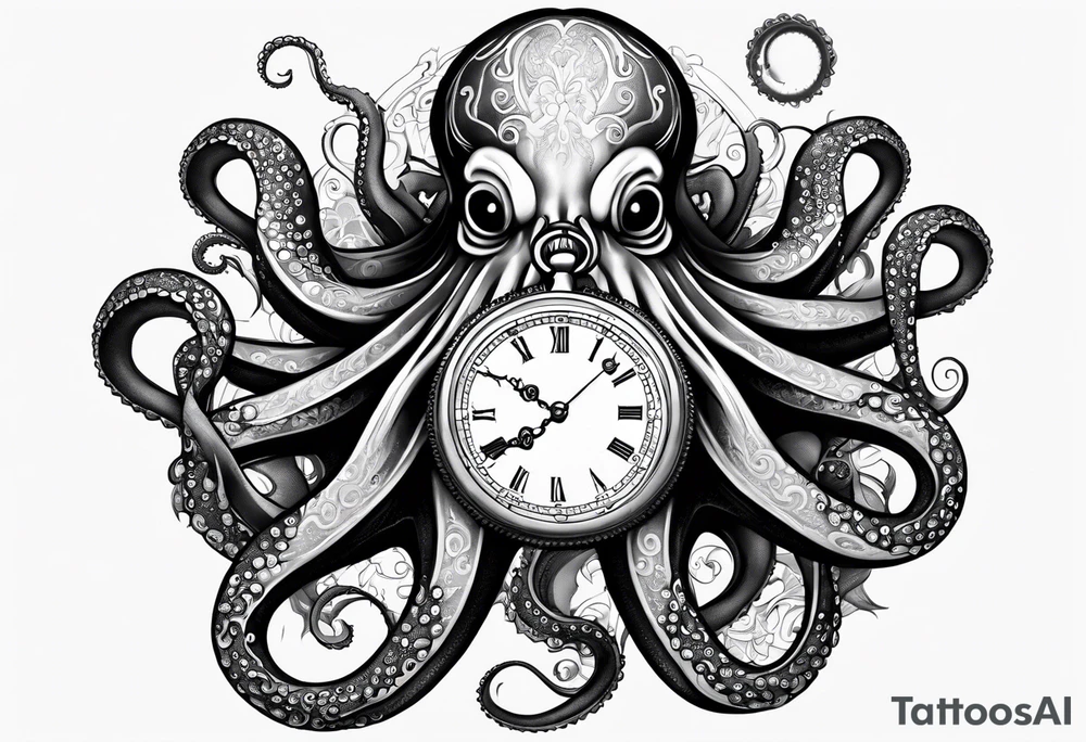 pocket watch wrapped under an aggressive octopus, 3/4 perspective tattoo idea