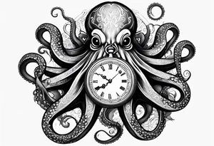 pocket watch wrapped under an aggressive octopus, 3/4 perspective tattoo idea