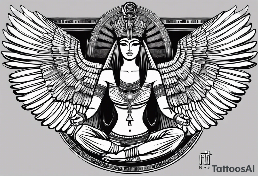 blank and white Egyptian goddess Isis, who is often depicted as a woman with outstretched wings, holding an ankh (a symbol of life) in one hand and a lotus flower in the other. Her headdress often includes a throne or a solar disk. The tattoo design can vary in style and size, but it typically aims to capture the essence of this revered Egyptian deity, emphasizing her beauty, power, and maternal qualities. The choice of colors and additional elements can also be customized to create a unique and visually striking representation of the goddess Isis tattoo idea
