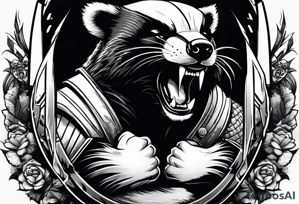 Draw me badger/wolverine with aggressive full body show, killer face with cute smile, very long nails and he attacks like a Turkish gladiator to enemy and also he has very deadly looking tattoo idea
