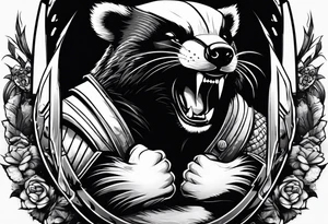 Draw me badger/wolverine with aggressive full body show, killer face with cute smile, very long nails and he attacks like a Turkish gladiator to enemy and also he has very deadly looking tattoo idea