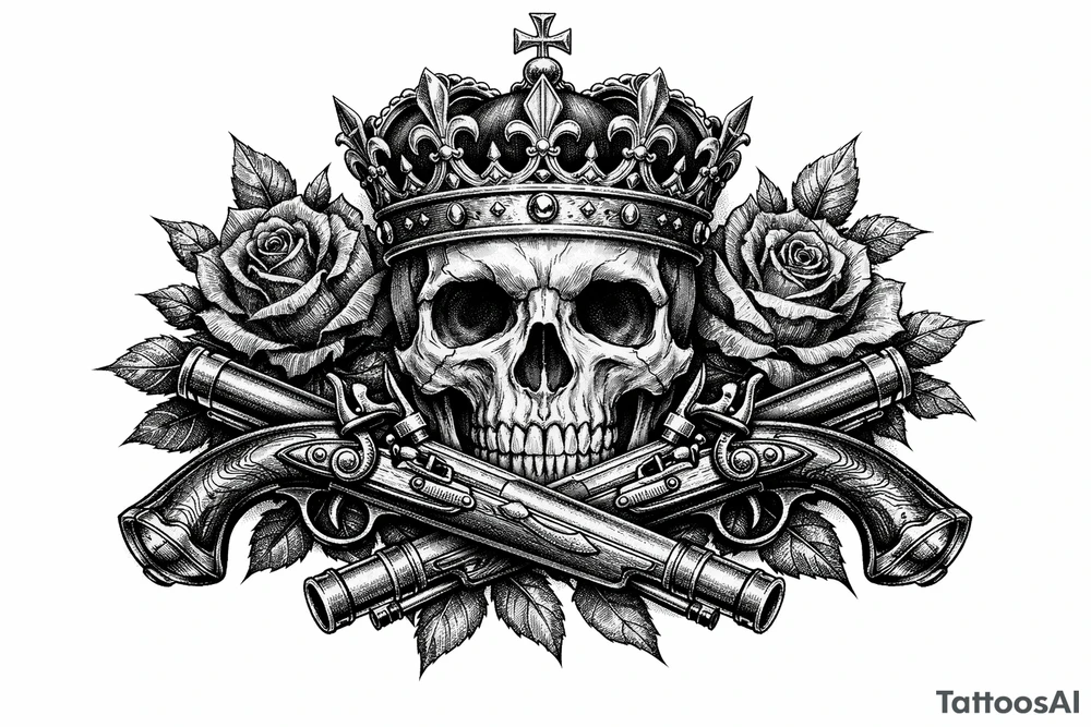 Skull with a regal crown, crossed flintlock pistols, and dark red roses. tattoo idea