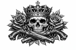 Skull with a regal crown, crossed flintlock pistols, and dark red roses. tattoo idea