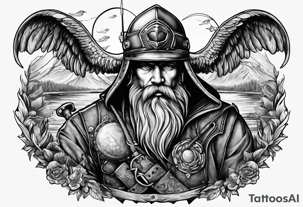 preparing fisherman at the pond, Angel, rams skull, gladiators helmet tattoo idea