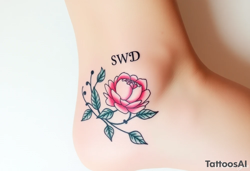 please create an ankle tattoo that is dainty.  There should be vining green leaves that wrap around the circumference of the ankle  at the ankle bone there should be 2 small pink peonies.   the initials SW should be above and at an angle of the peonies and the initials DD should be below and at an angle. tattoo idea