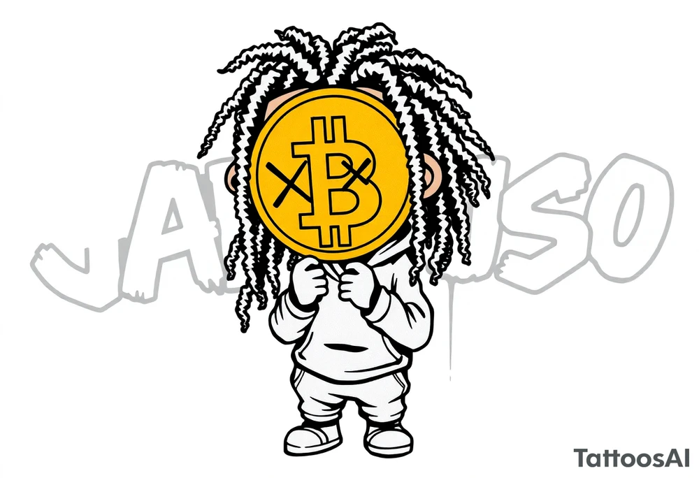 Create a tattoo stencil Use a street-art / pop-art vibe with a cartoon figure with dreadlocs holding a bitcoin to cover his eyes have bold lines, “x” for eyes. make them have on a hoodie and jogger sweatpants have in the background in graffiti letters “Jaruso”.  Can you add PlayStation controls in the background tattoo idea