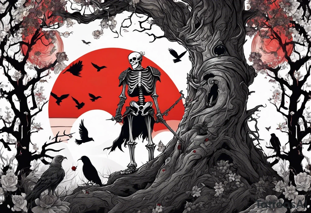 An ancient tree with a skeleton hanging on it. A joker and a skeleton in armor are chained near the tree. A red sun shines above the tree, and skeletons of birds fly tattoo idea