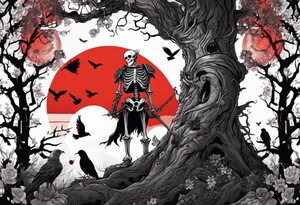 An ancient tree with a skeleton hanging on it. A joker and a skeleton in armor are chained near the tree. A red sun shines above the tree, and skeletons of birds fly tattoo idea