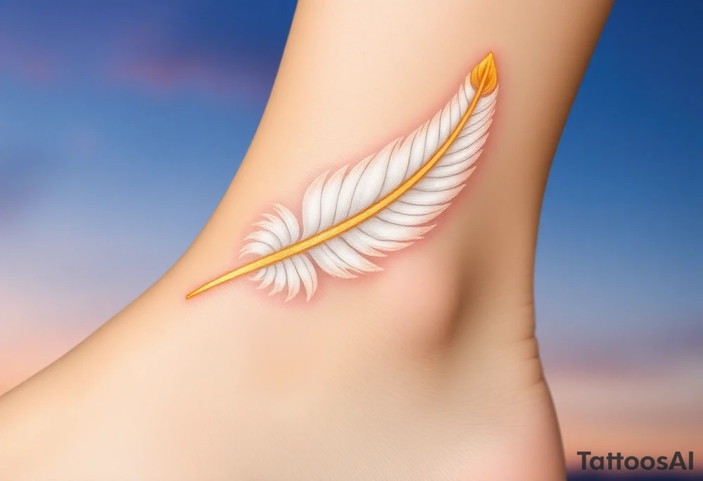 An angel’s feather in soft white with golden tips, floating gently against a twilight sky tattoo idea