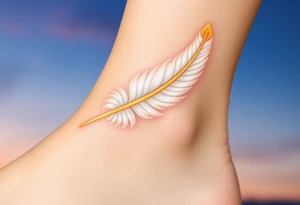 An angel’s feather in soft white with golden tips, floating gently against a twilight sky tattoo idea