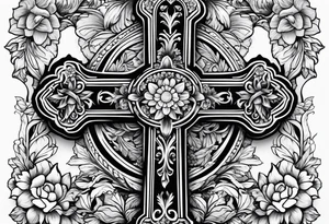 A wood cross with flowers surrounding it tattoo idea