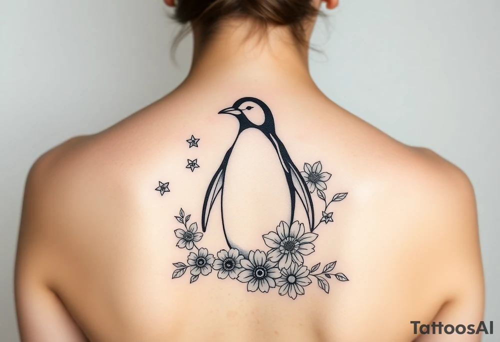 Penguin with stars and flowers black ink
Matching w someone tattoo idea