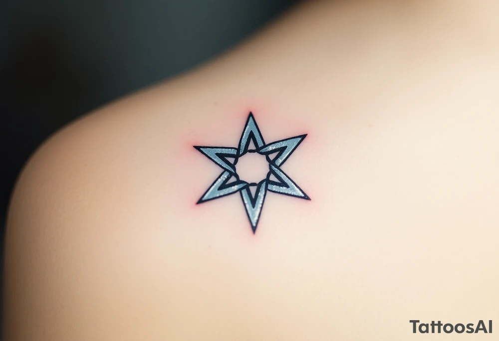 An icy pentagram - five pointed star with sharp crystal edges, surrounded by a cold mist and floating frost particles. tattoo idea