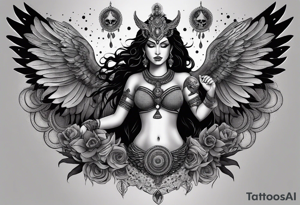 black kali, goddess pirate, alien, angel, pachamama, valkrye, warrior, flying, skull, lotus azul, wing, eagle, zenza resonance, stars, 5D, anahata chakra, death, durga, riding on a tiger, flying lady, kundalini, chest tatoo, samuri, rebel,serpent tattoo idea