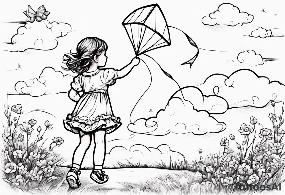 whimsical picture of a little girl flying a kite and holding a teddy bear tattoo idea