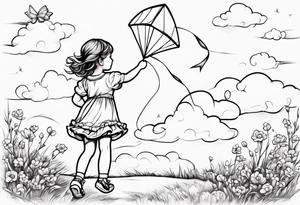 whimsical picture of a little girl flying a kite and holding a teddy bear tattoo idea