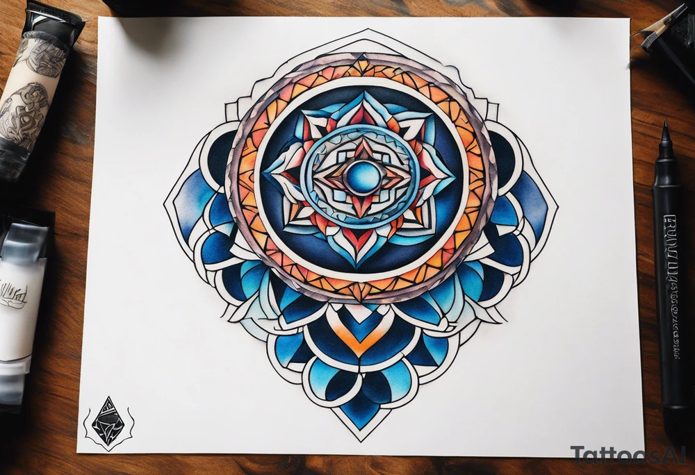 semi Detailed neo traditional knee tattoo flat on paper. The tattoo features geometric patterns and bold lines, creating a visually striking design with slight tints of deep fall colors. The background 
outside the tattoo features deep blues washes and water swirls tattoo idea