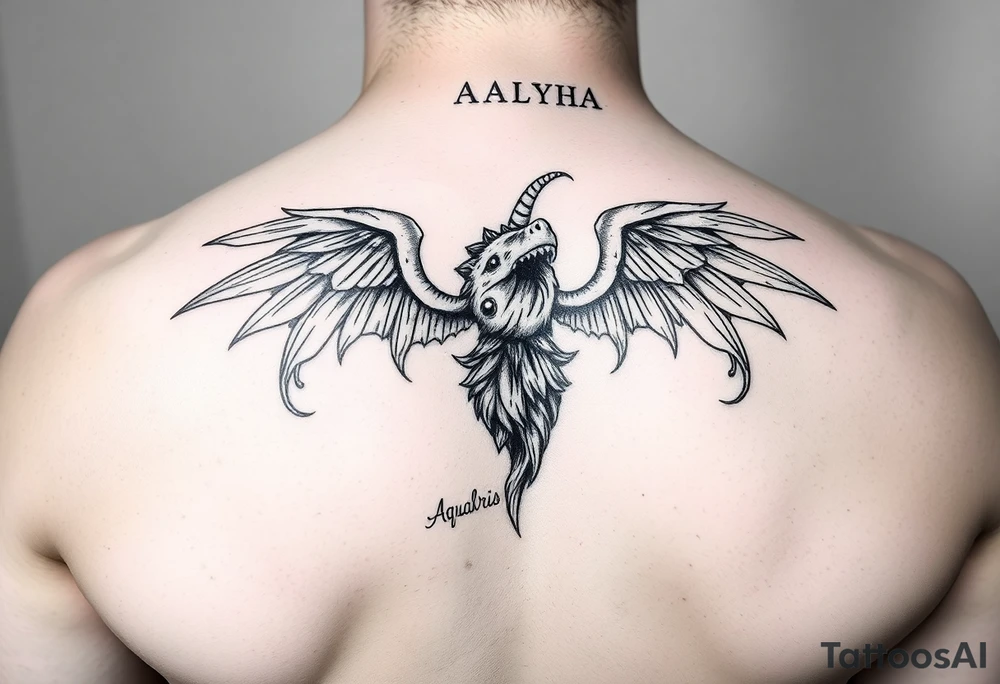 name is Aalyha, zodiac aquarius, white an black realistic thig tattoo idea