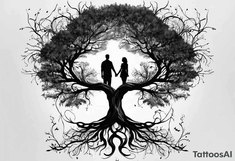 Andrea Rogge art tattoo, where two people are the roots and overflow into a tree, round tattoo tattoo idea