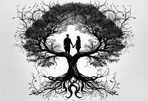 Andrea Rogge art tattoo, where two people are the roots and overflow into a tree, round tattoo tattoo idea