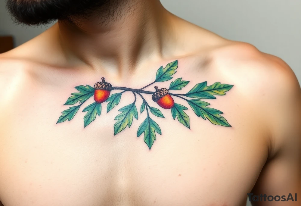 on the chest an oak branch with thick leaves and acorns oak branch with thick leaves and acorns tattoo idea