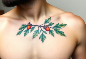 on the chest an oak branch with thick leaves and acorns oak branch with thick leaves and acorns tattoo idea