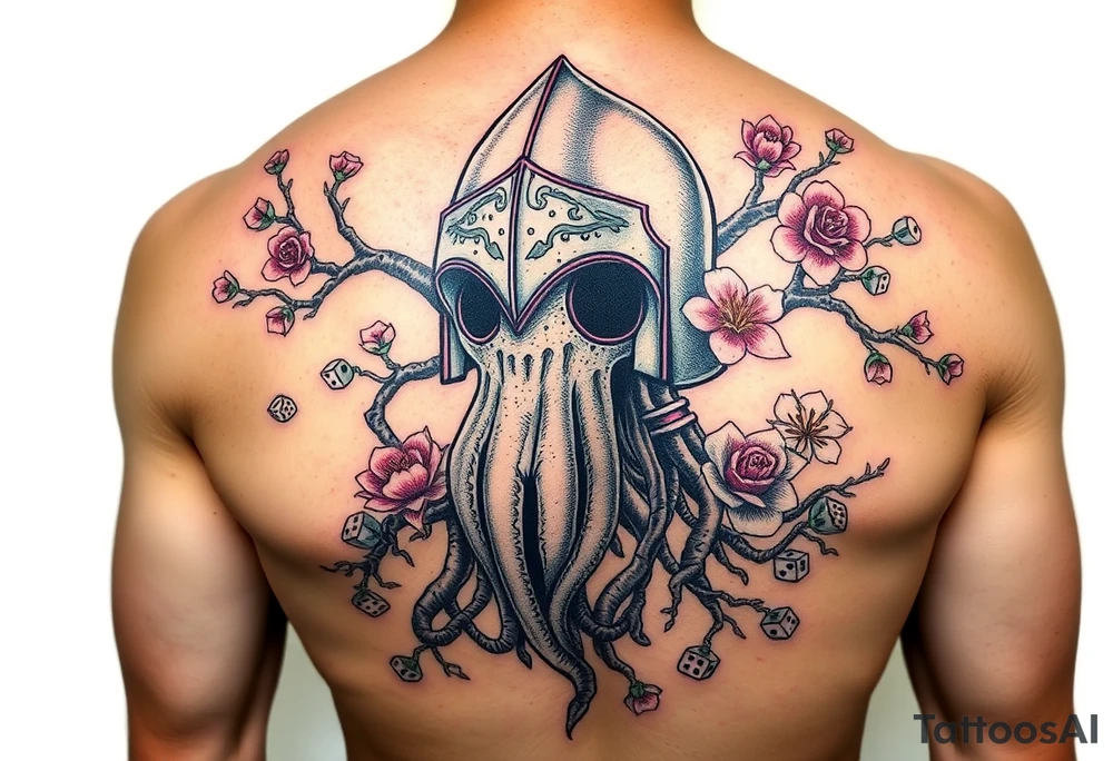 squid knight helmet combined with tree roots, cherry blossoms and roses rolling dice tattoo idea