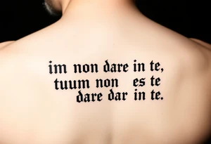 i want you to create a tattoo with two lines of text, the first line is "im non dare in te" the second is "tuum  non est dare in te" use a kind of sharp bold archaic font tattoo idea