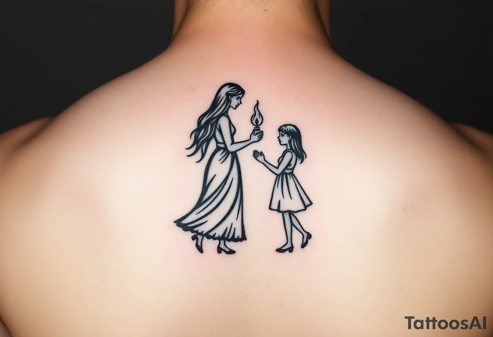 Silhouette of a mother passing a flame to two daughters tattoo idea