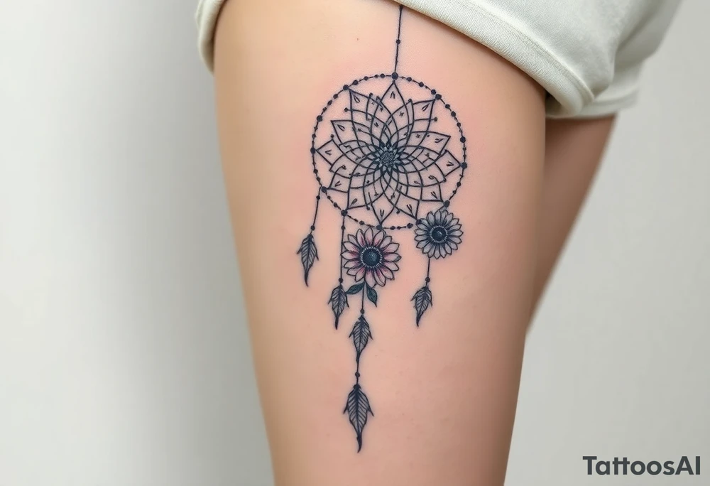 Dreamcatcher with zodiac symbols and protection runes caught in it with tigerlillies roses and sunflowers tattoo idea