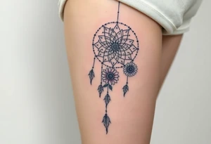 Dreamcatcher with zodiac symbols and protection runes caught in it with tigerlillies roses and sunflowers tattoo idea