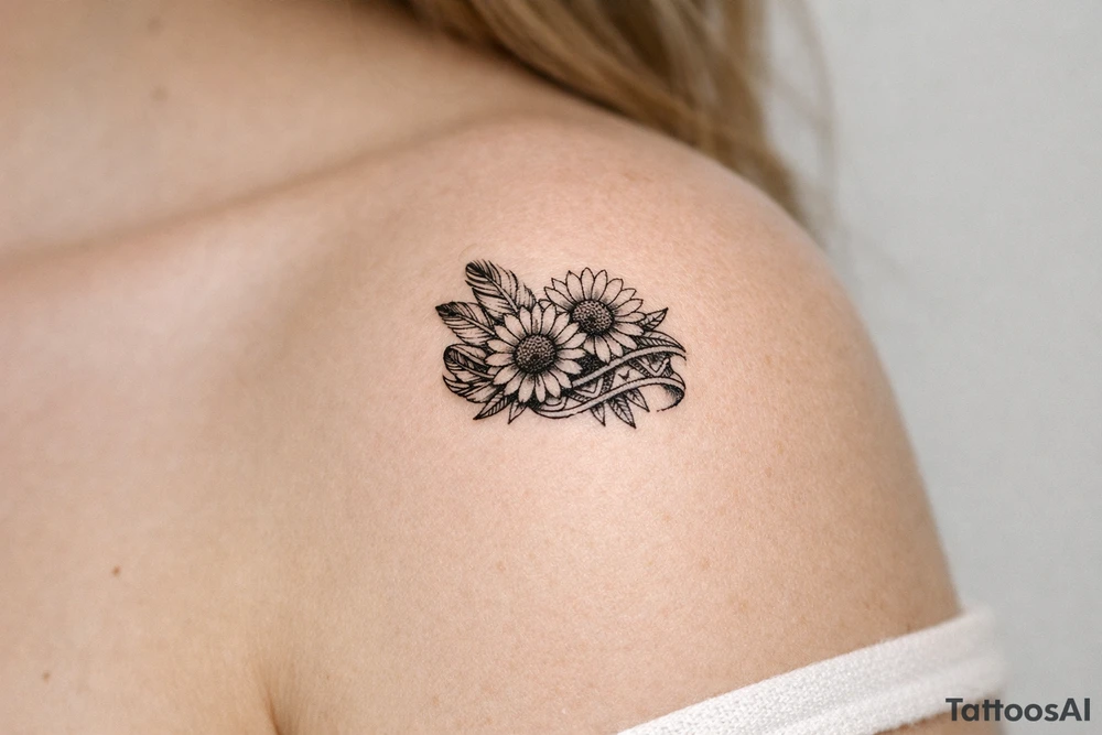 sunflowers with feathers and female Indian tribal ribbon tattoo idea