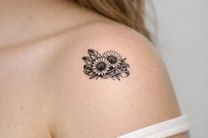 sunflowers with feathers and female Indian tribal ribbon tattoo idea