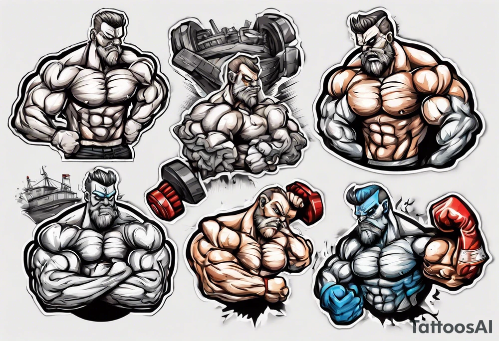 Make the SHIP8 INC. wording with aggressive eyes and flexing big muscles like a bodybuilder. tattoo idea