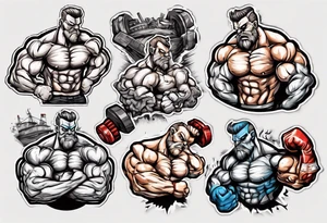 Make the SHIP8 INC. wording with aggressive eyes and flexing big muscles like a bodybuilder. tattoo idea