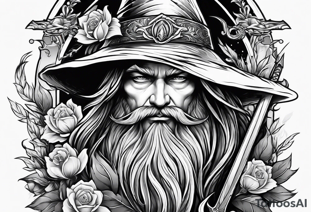 Wizard with a sword and flowers tattoo idea