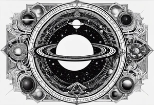 A tattoo with Saturn at the center surrounded by intricate linguistic symbols, reflecting the client's interests in cosmology and linguistics. tattoo idea