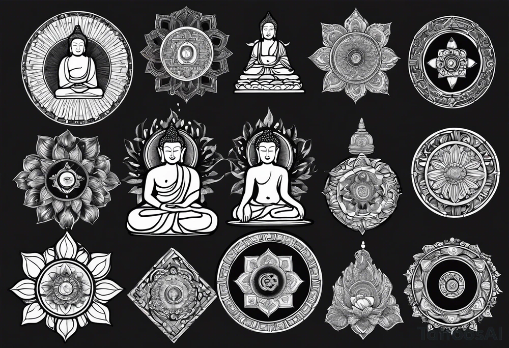 it is included buddha, dharmachakra, and humen life cycle from birth death cycle tattoo idea