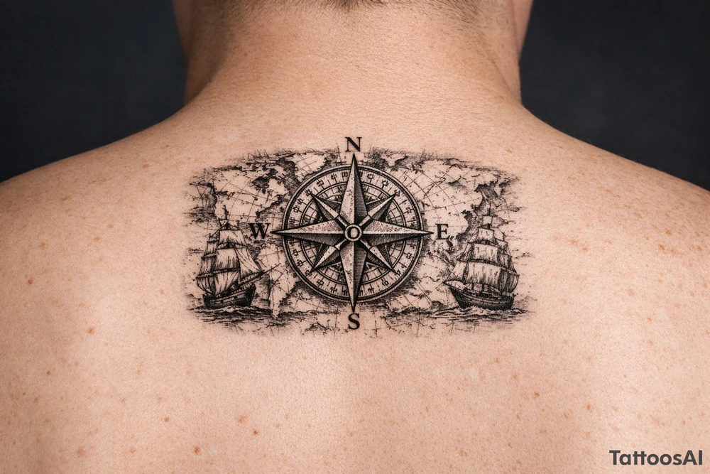 antique compass rose overlaid on weathered world map with sailing ships tattoo idea